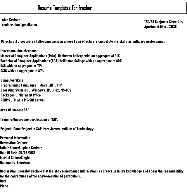 Cv Format For Freshers