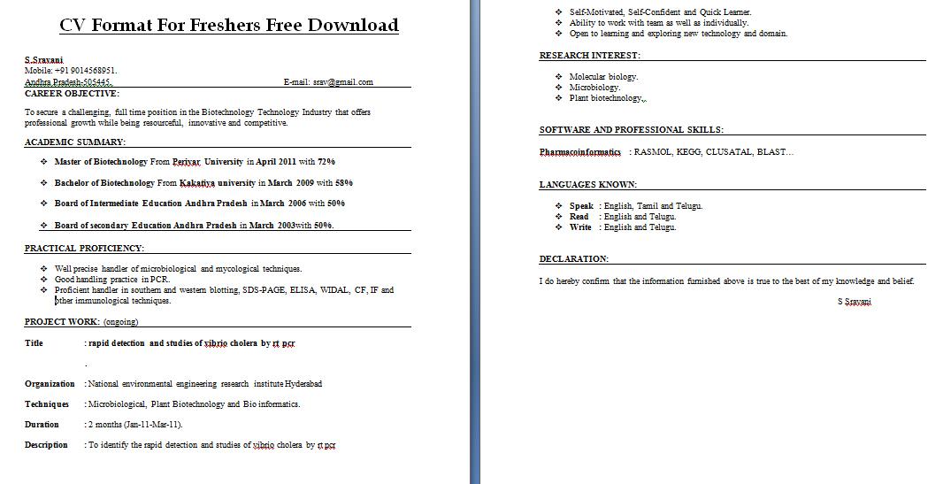 Cv Format For Freshers
