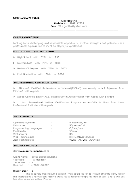 Latest Cv Format For Freshers Download